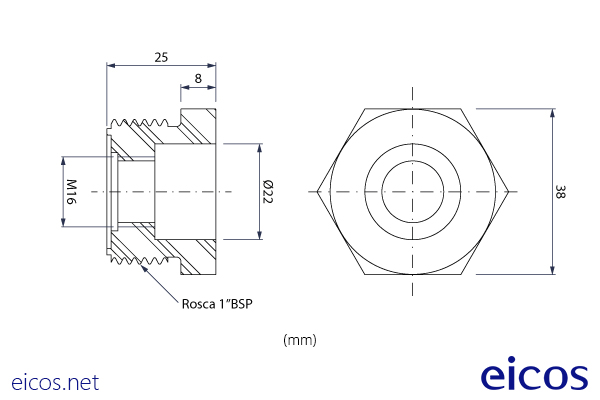 Dimensions of 1"BSP polyphthalamide connector for mounting of level switches