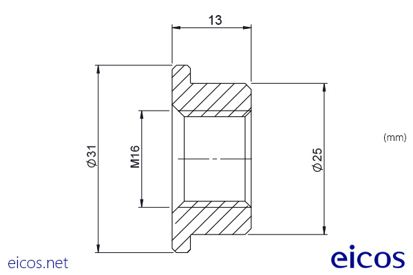 Dimensions of M16x25 Adapter for mounting in PVC pipe