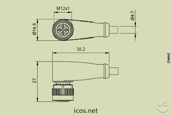 Dimensions of M12 angled female Plug Connector 2m PUR cable for Sensors with M12 Plug