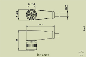 Click to enlarge the image of Dimensions of M12 angled female Plug Connector 5m PUR cable for Sensors with M12 Plug Dimensions of M12 angled female Plug Connector 5m PUR cable for Sensors with M12 Plug