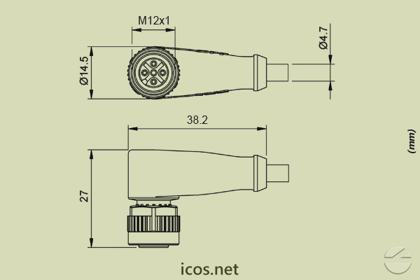 Click to enlarge the image of Dimensions of M12 angled female Plug Connector 5m PUR cable for Sensors with M12 Plug Dimensions of M12 angled female Plug Connector 5m PUR cable for Sensors with M12 Plug