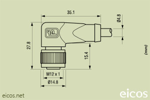 Click to enlarge the image of Dimensions of the 90° M12 female connector with 2 meters cable Dimensions of the 90° M12 female connector with 2 meters cable