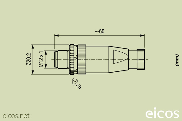 Dimensions of the straight M12 male connector