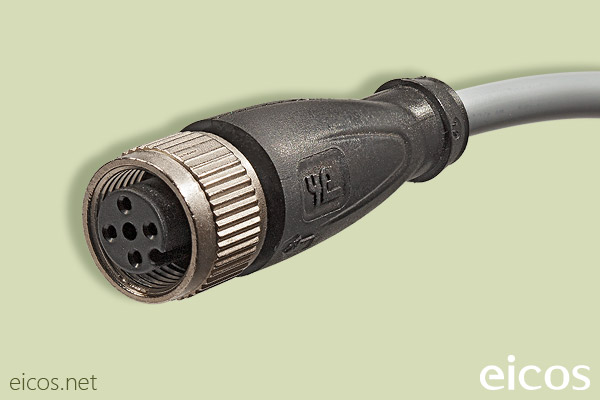 Straight M12 female connector of 4 contacts with 5 meters cable