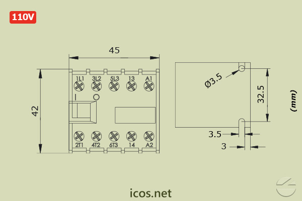 Dimensions of Weg CW07 110V Mini Contactor for electrical installation of Sensors