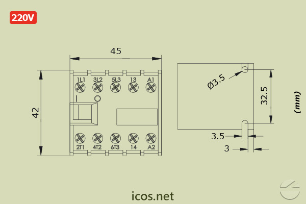 Dimensions of Weg CW07 220v Mini Contactor for electrical installation of Sensors