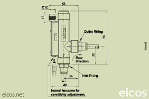 Click to enlarge the image of Dimensions of Eicos flow switch FA14B04-M12 Dimensions of Eicos flow switch FA14B04-M12