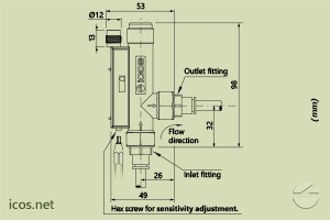 Click to enlarge the image of Dimensions of Eicos flow switch FA14B06-M12 Dimensions of Eicos flow switch FA14B06-M12