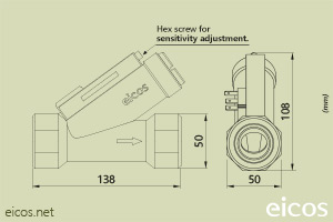 Click to enlarge the image of Dimensions of Eicos flow switch FC10B04 Dimensions of Eicos flow switch FC10B04