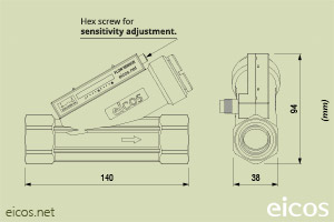 Click to enlarge the image of Dimensions of Eicos flow switch FC34B02-M12 Dimensions of Eicos flow switch FC34B02-M12