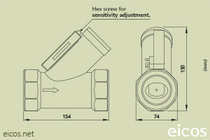 Click to enlarge the image of Dimensions of Eicos flow switch FG20B02 Dimensions of Eicos flow switch FG20B02