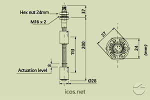 Click to enlarge the image of Dimentions of the level switch LE202-1-M12 Dimentions of the level switch LE202-1-M12