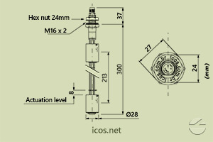 Click to enlarge the image of Dimensions of the level switch LE302-1-M12 Dimensions of the level switch LE302-1-M12