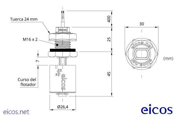 Dimensions of the level switch LC26M-40