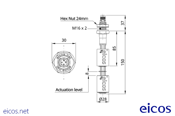 Dimensions of the level switch LE152-1-M12