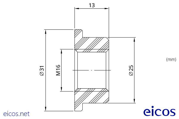 Dimensions of M16x25 Adapter for mounting in PVC pipe