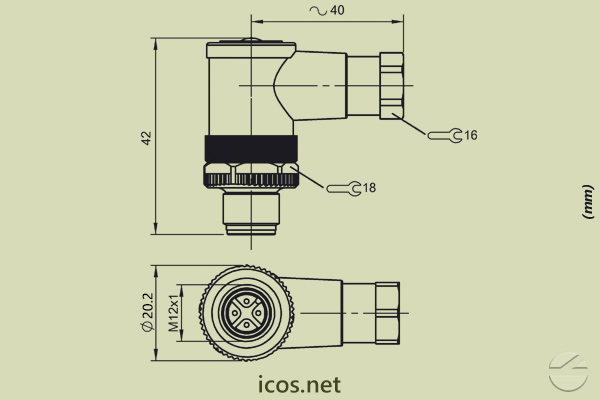 Dimensions of the 90° M12 male connector