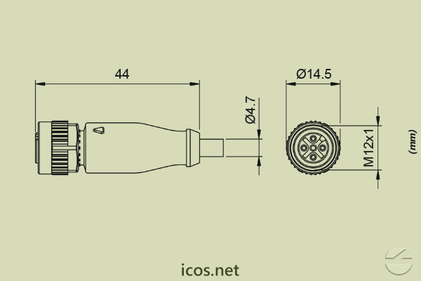 Dimensions of M12 straight female Plug Connector 2m PUR cable for Sensors with M12 Plug