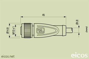 Click to enlarge the image of Dimensions of the straight M12 female connector with 2 meters cable Dimensions of the straight M12 female connector with 2 meters cable