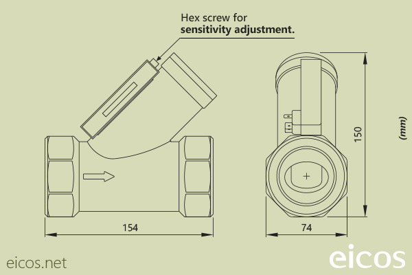 Dimensions of Eicos flow switch FG20B04