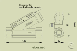 Click to enlarge the image of Dimensions of Eicos flow switch FH12B04-M12 Dimensions of Eicos flow switch FH12B04-M12