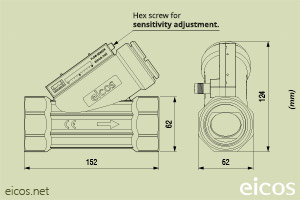 Click to enlarge the image of Dimensions of Eicos flow switch FJ112B02-M12 Dimensions of Eicos flow switch FJ112B02-M12