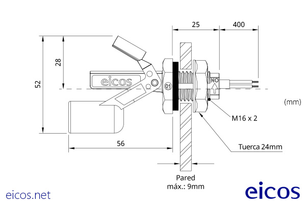 Dimensions of the level switch LB16M-40