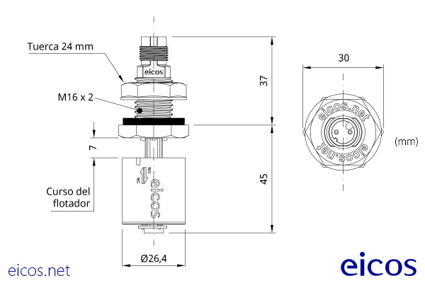 Dimensions of the level switch LC36-M12