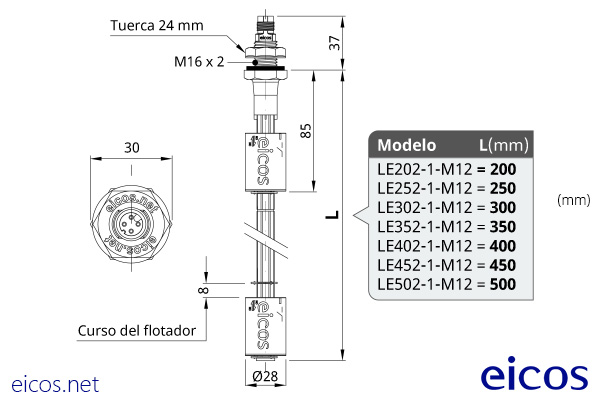 Dimensions of the level switch LE202-1-M12