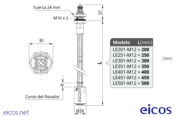 Dimensions of the level switch LE351-M12